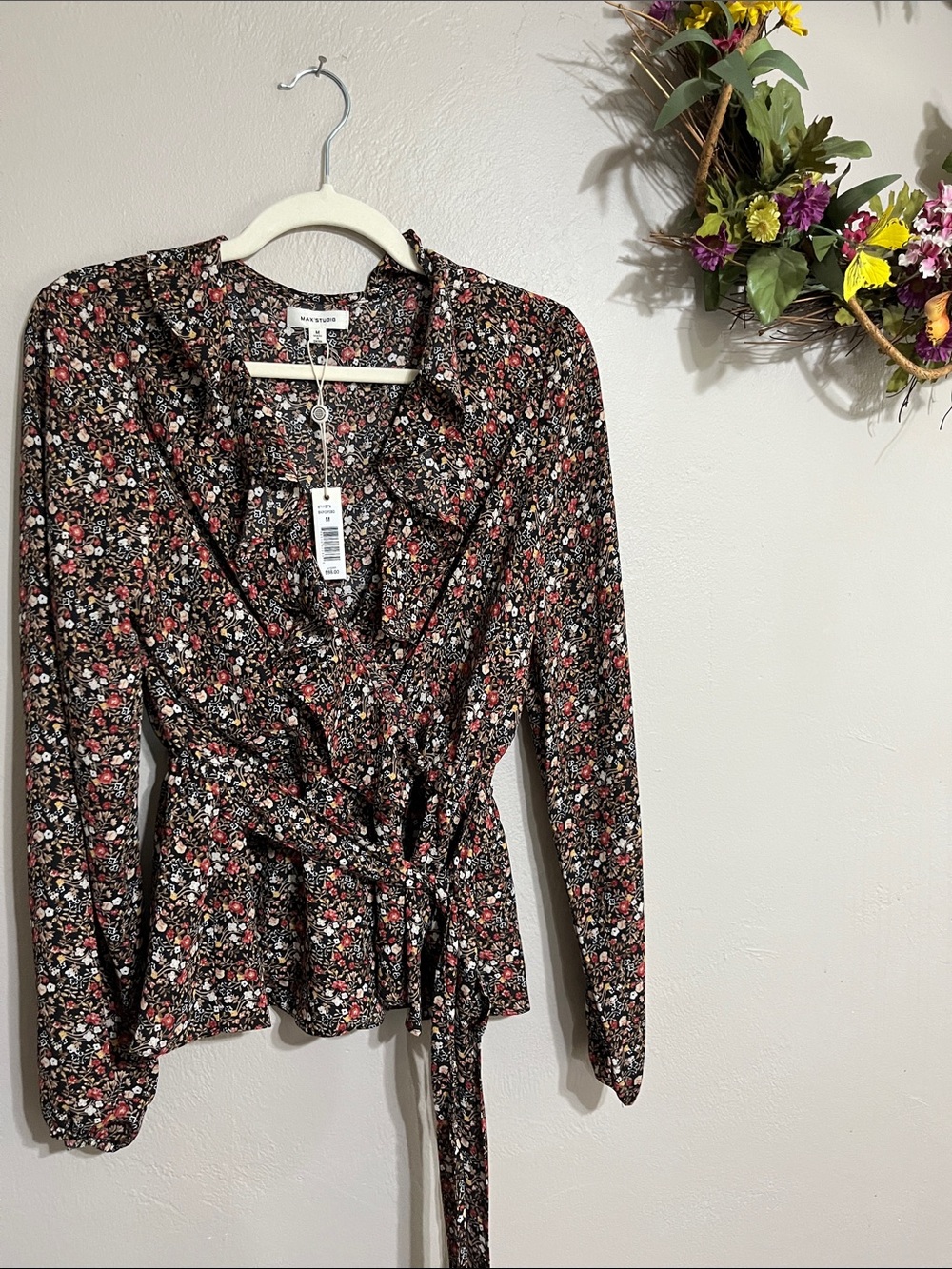 Max Studio Black Floral Wrap Blouse with a Blend Pink, Rusty and White Accents